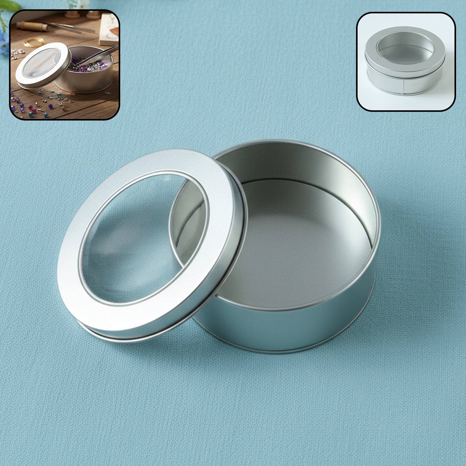 Round Metal Storage Tin Box With Transparent Window Lid (1 Pc 9.5 X 9.5 Cm)
