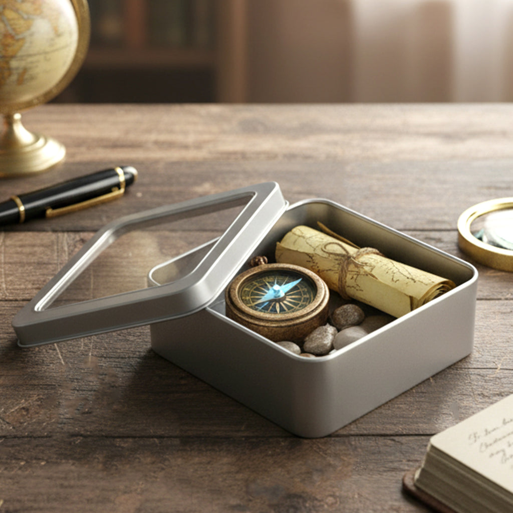 Square Metal Storage Tin Box With Transparent Window Lid (1 Pc 9.5 X 9.5 Cm)