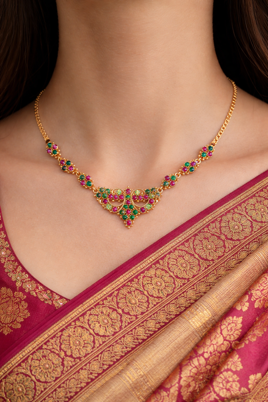 Elegant Ruby & Emerald Stone Gold-Plated Necklace