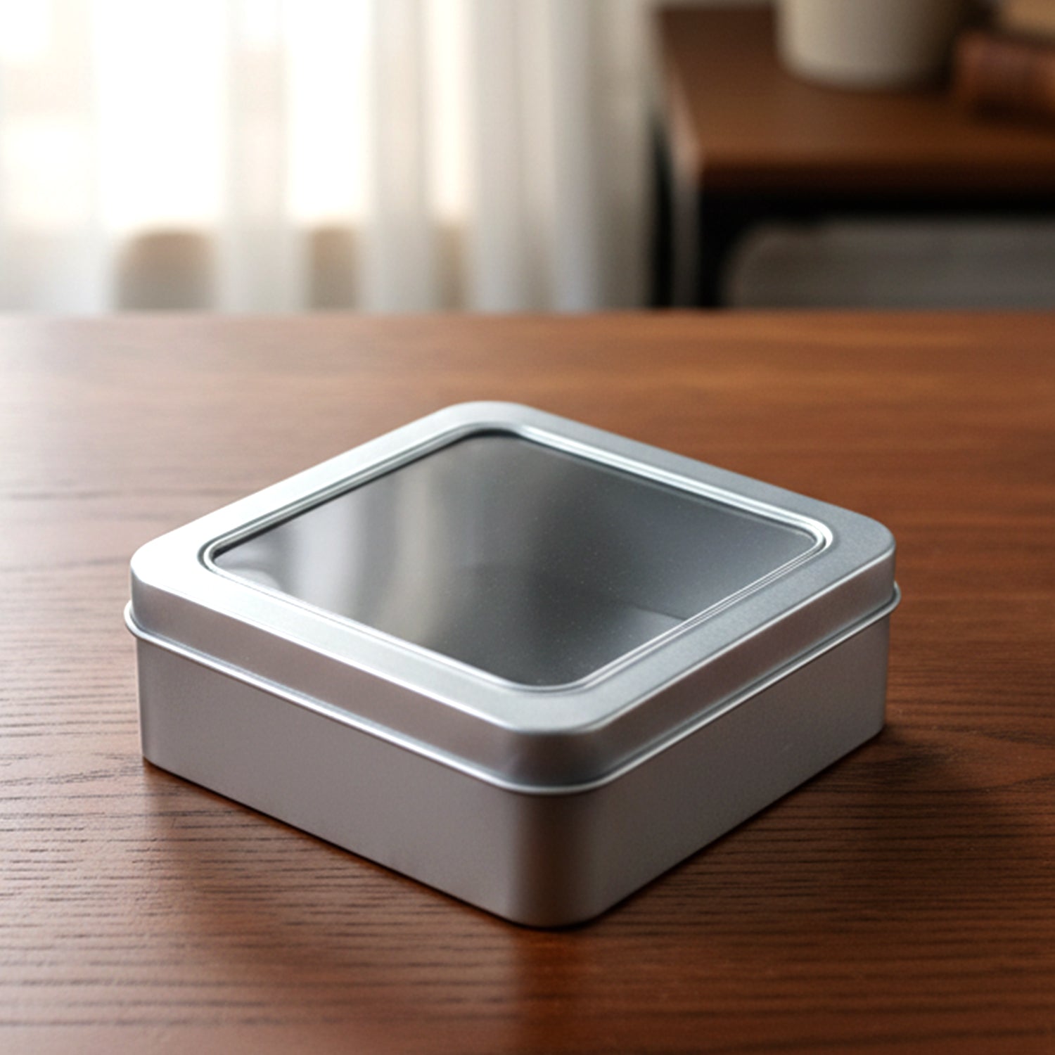 Square Metal Storage Tin Box With Transparent Window Lid (1 Pc 9.5 X 9.5 Cm)