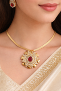 Elegant Gold-Finish Necklace Set with Ruby-Red Stones