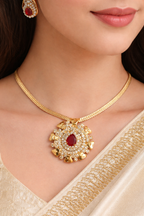 Elegant Gold-Finish Necklace Set with Ruby-Red Stones