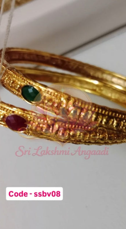 Gold Bangle with Green & Ruby Stones - ssbv08